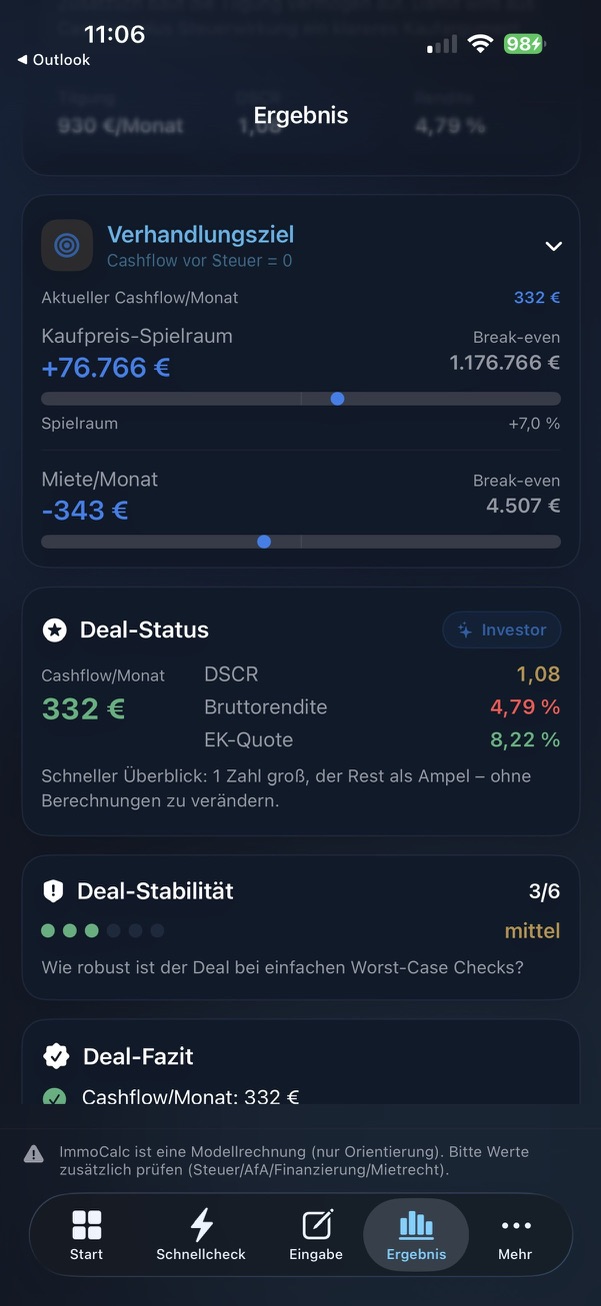 ImmoScope Screenshot mit Verhandlungsziel