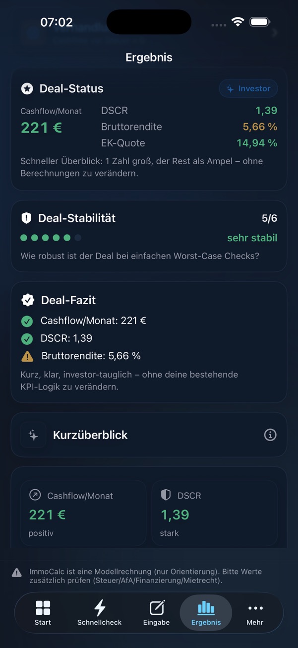 ImmoScope Screenshot mit Deal-Status und Deal-Stabilität